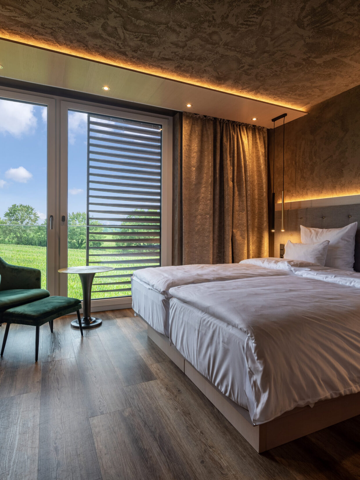Modern hotel room with a view of nature