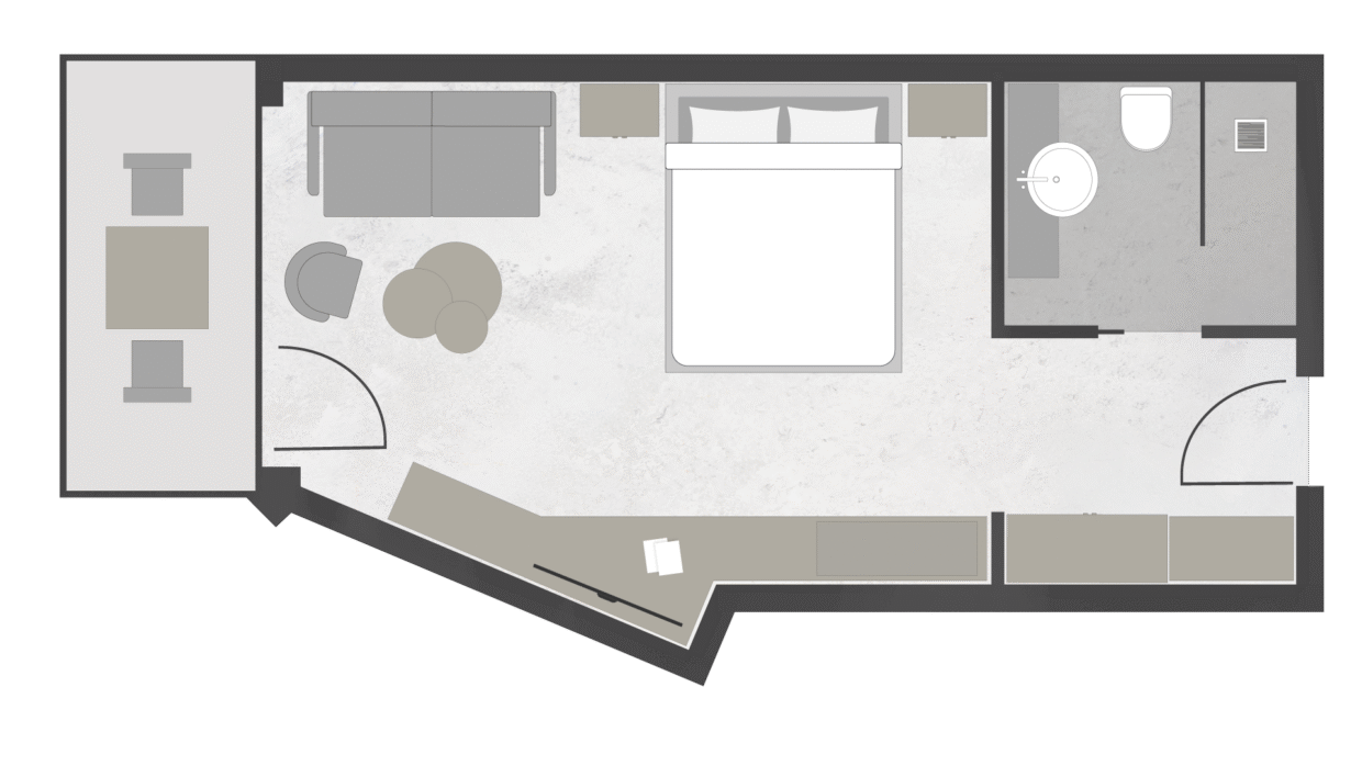 Modern superior room layout with balcony at the Meiser SPA Resort near Dinkelsbühl.