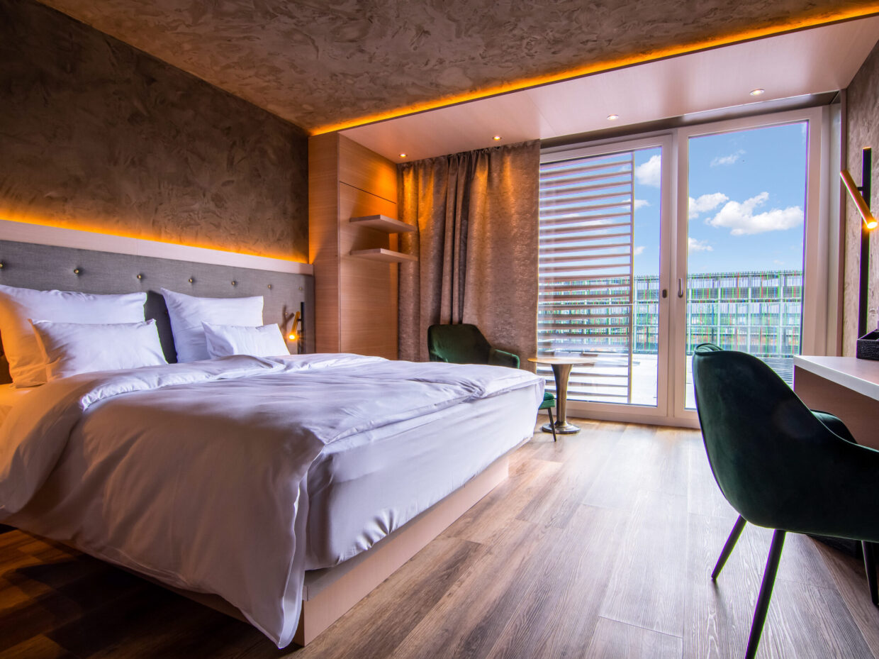 Modern hotel room with large window