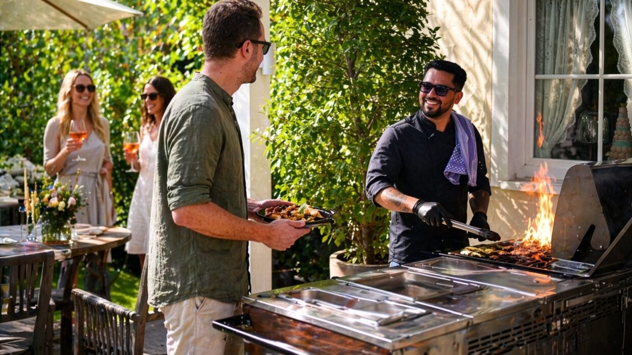 meiser spa resort bbq auf der sonnenterrasse mit sonnenschein und menschen hero