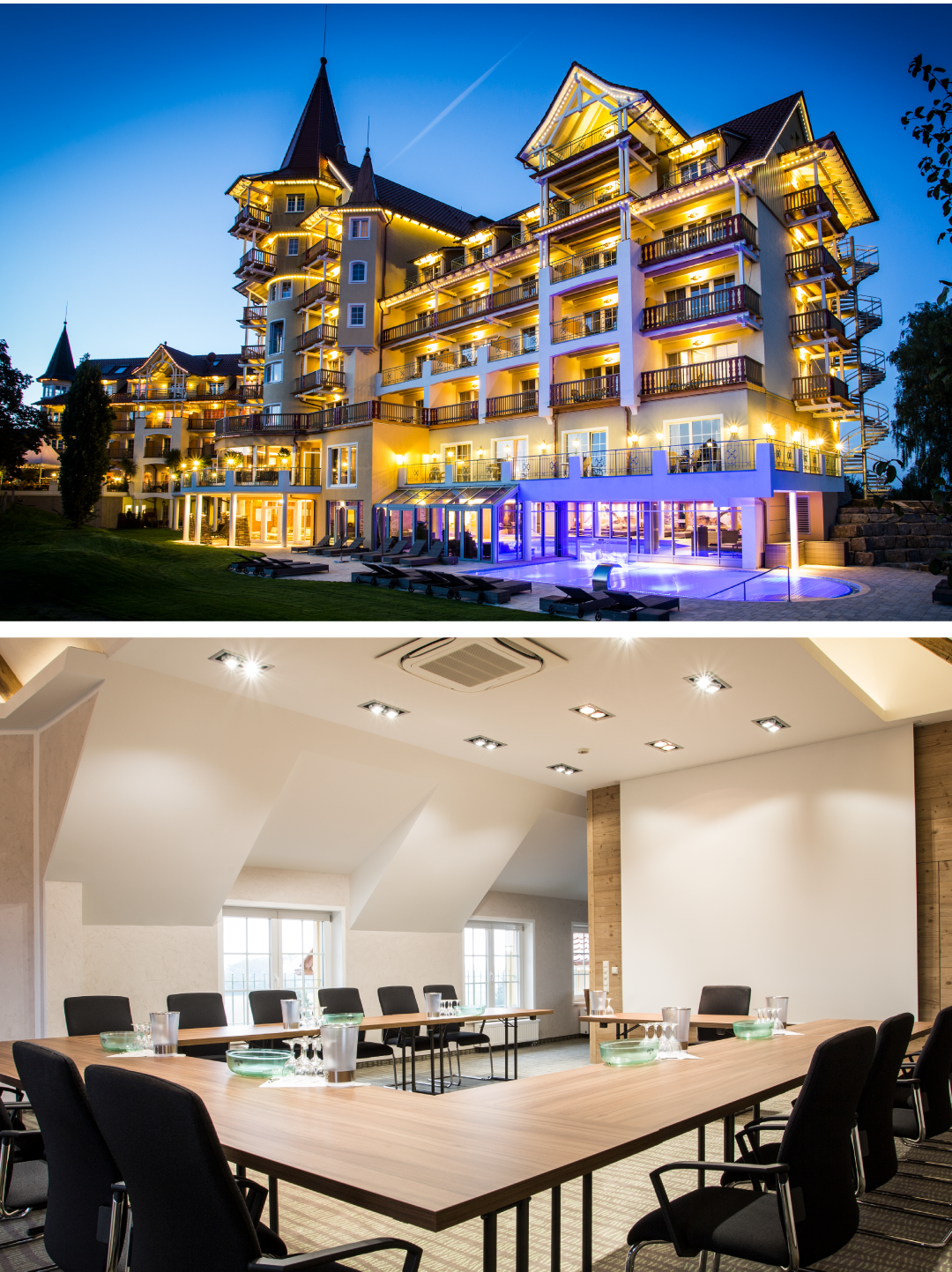 Hotel bei Nacht mit Konferenzraum innen