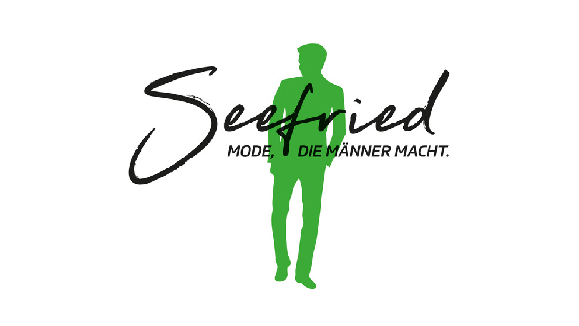 Männermode-Logo mit grünem Anzug-Silhouette.