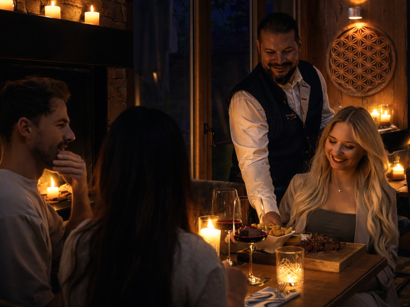 Gemütliches Abendessen bei Kerzenlicht mit Freunden