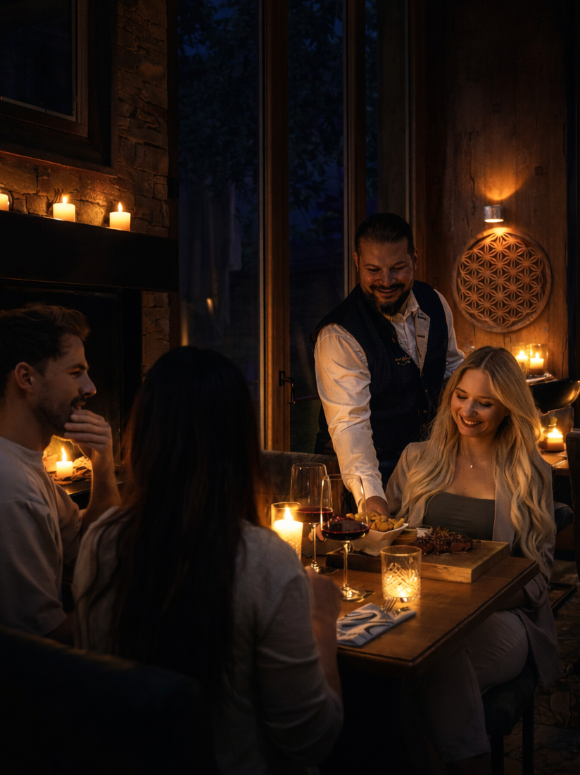 Gemütliches Abendessen bei Kerzenlicht mit Freunden