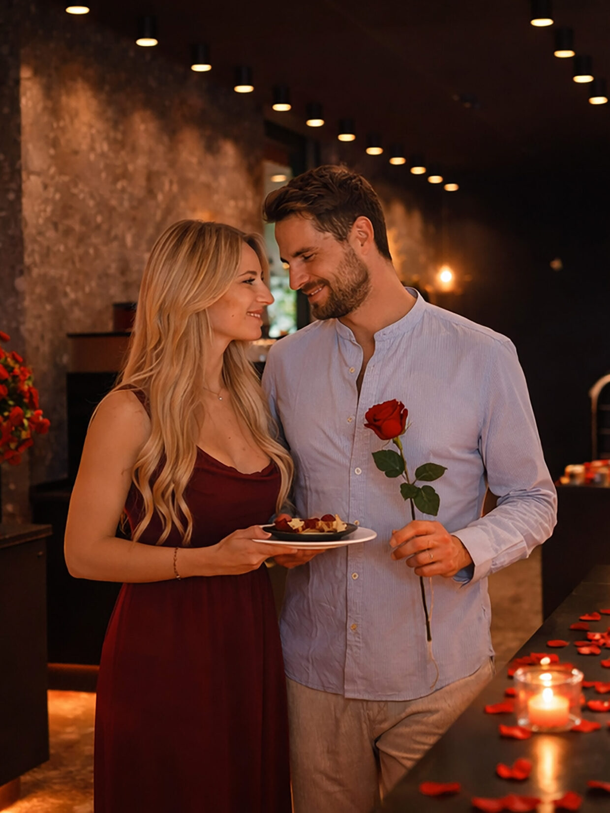 Paar bei romantischem Dinner mit Rose im Kerzenlicht.