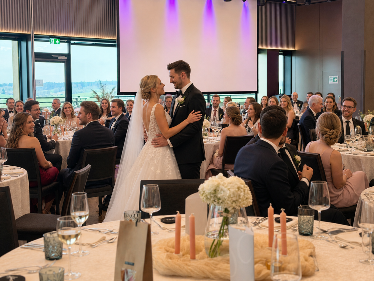 meiser congress plaza hochzeit brautpaar tanzt mit gaeste in dinkelsbuehl quer