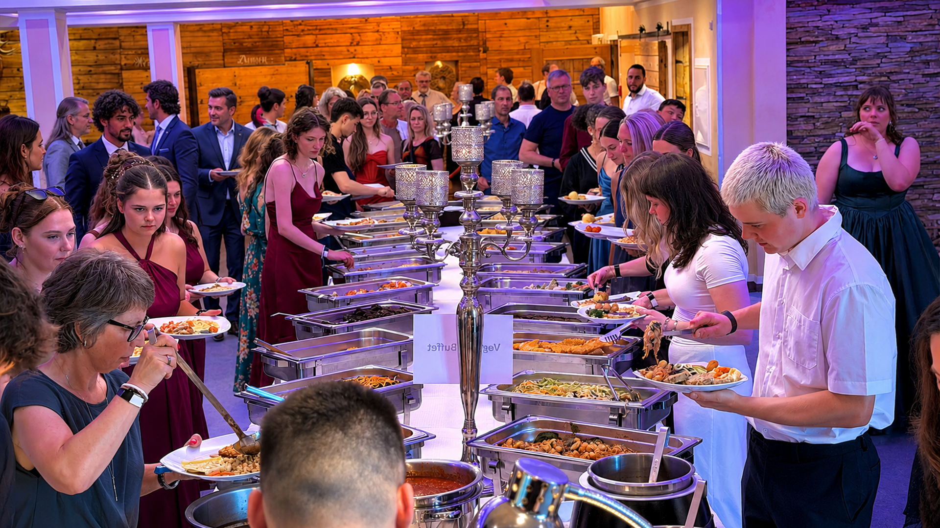 Menschen bedienen sich am Buffet bei einer Feier