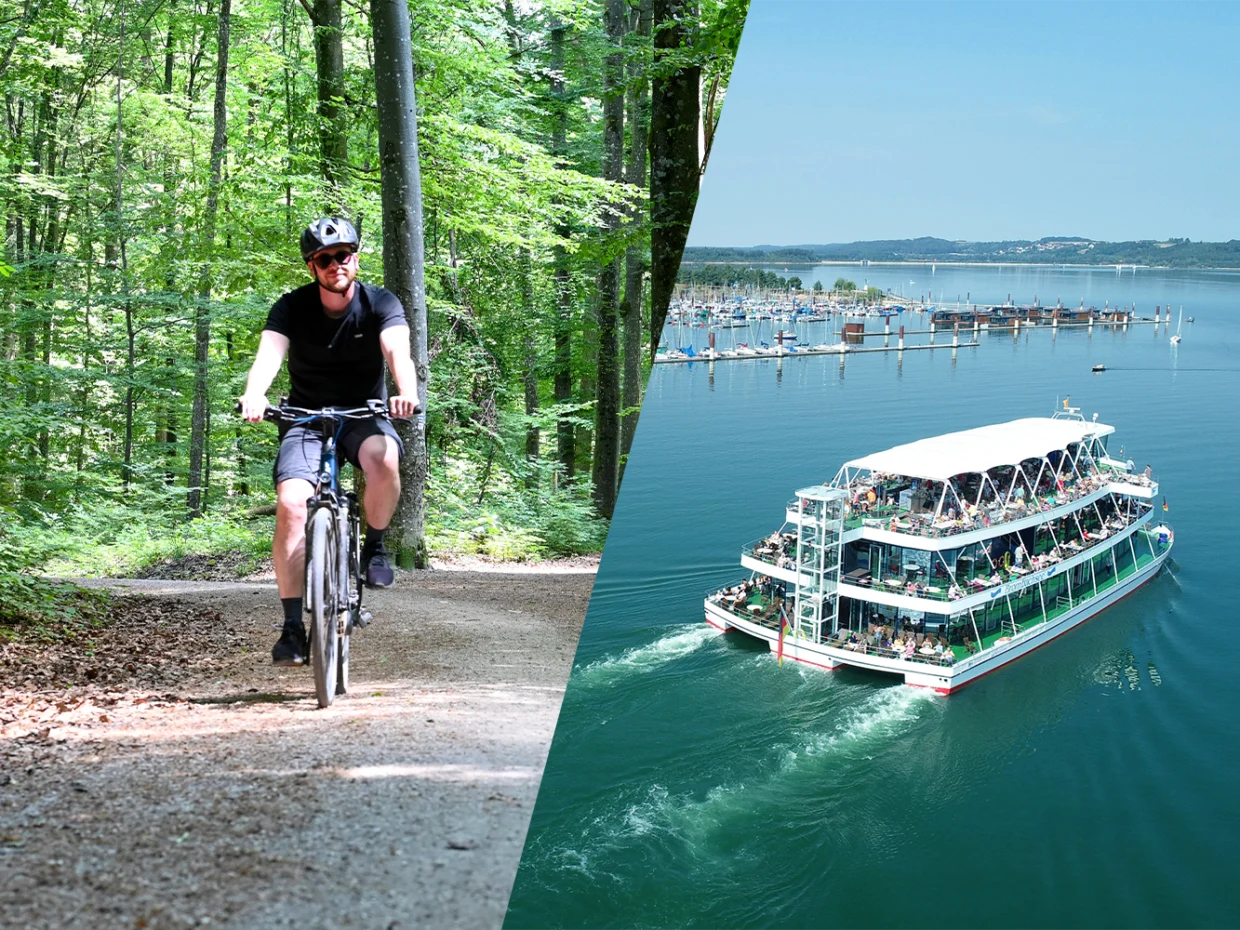 Fahrradfahrer im Wald und Schiff auf See