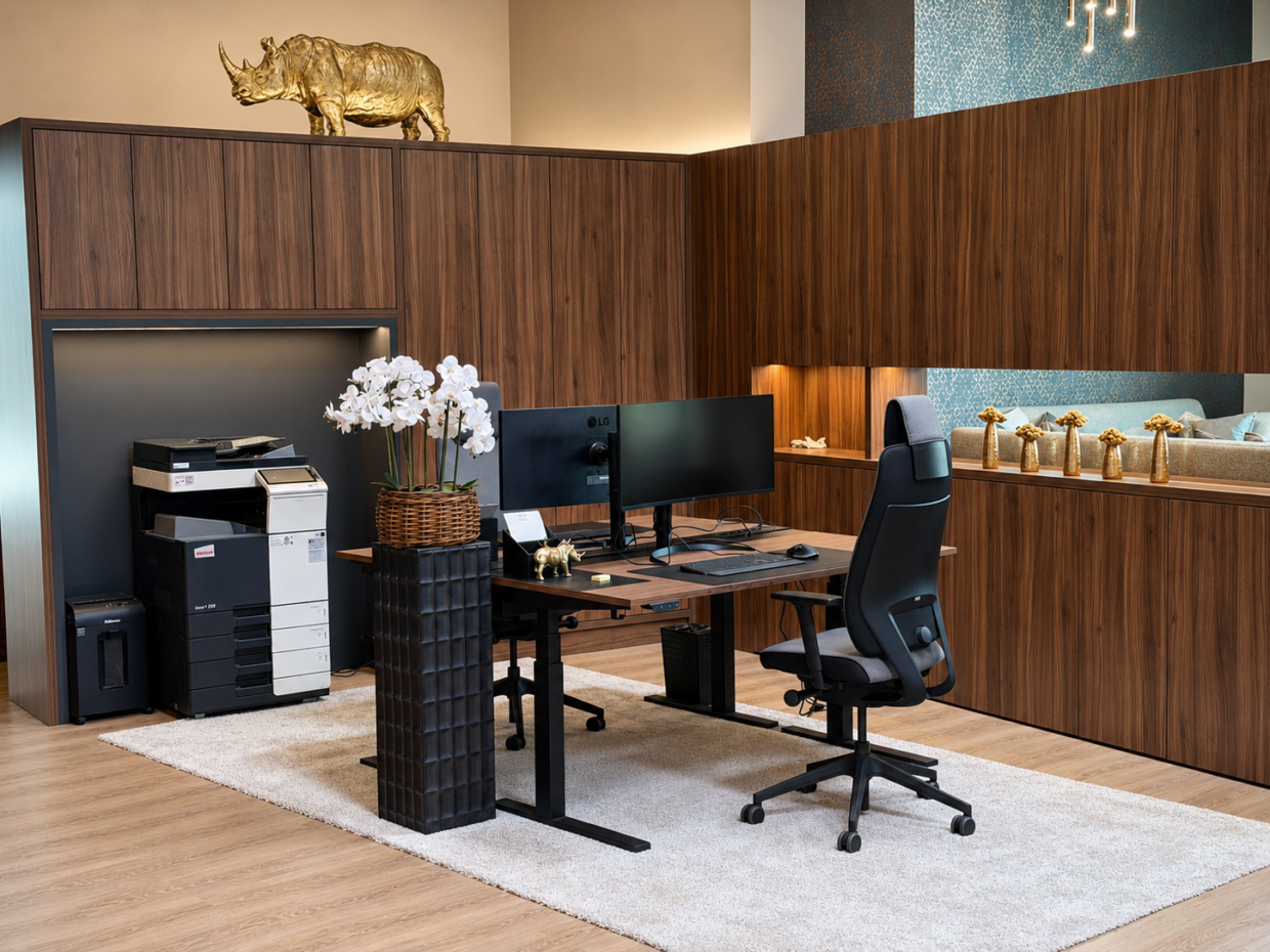 Moderne Büroeinrichtung mit Holzschränken und Schreibtisch.