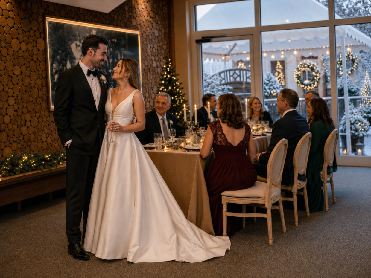 Winterhochzeitspaar bei elegantem Abendessen