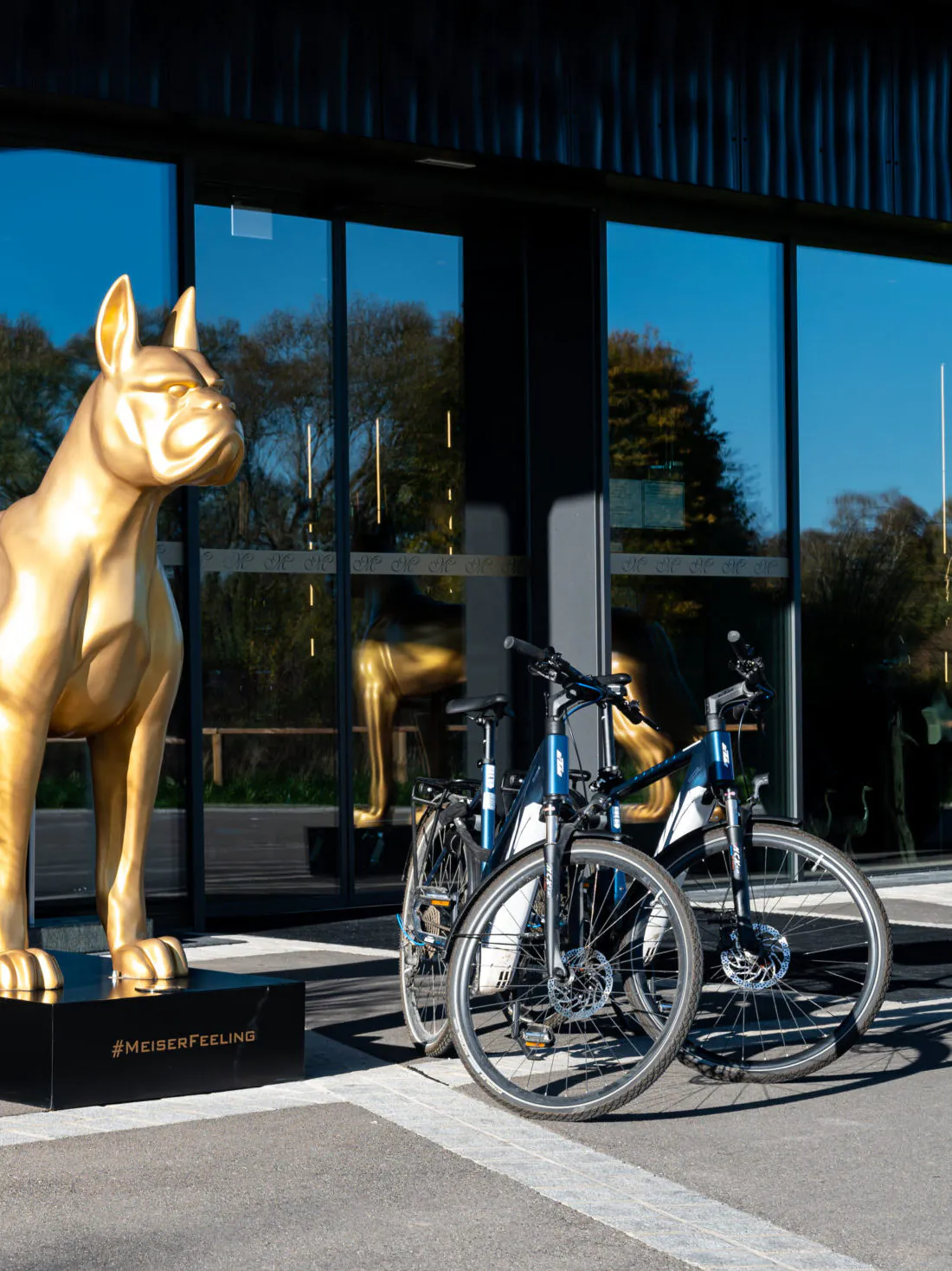 Goldene Hundestatue vor einem Gebäude