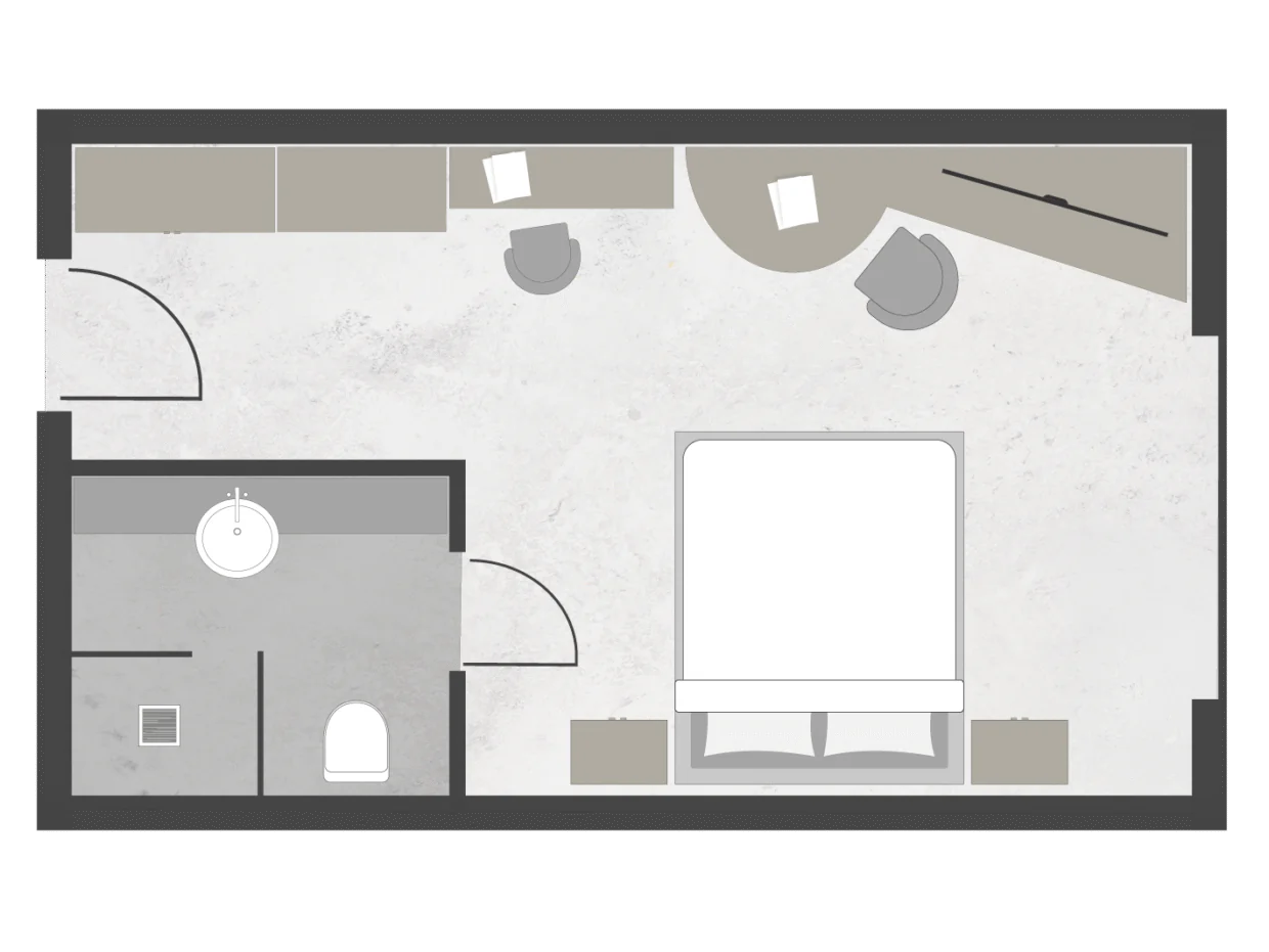 Hotelzimmer Grundriss mit Doppelbett und Bad