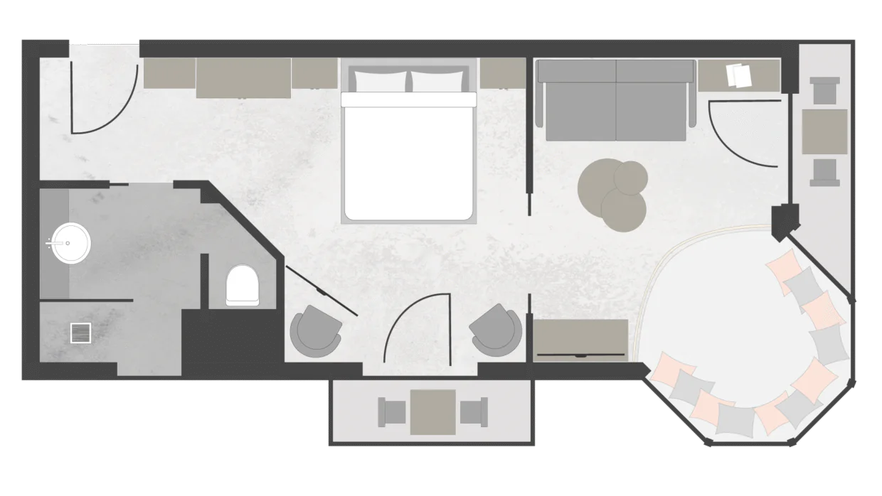 Grundriss eines Zimmers mit Bett und Bad