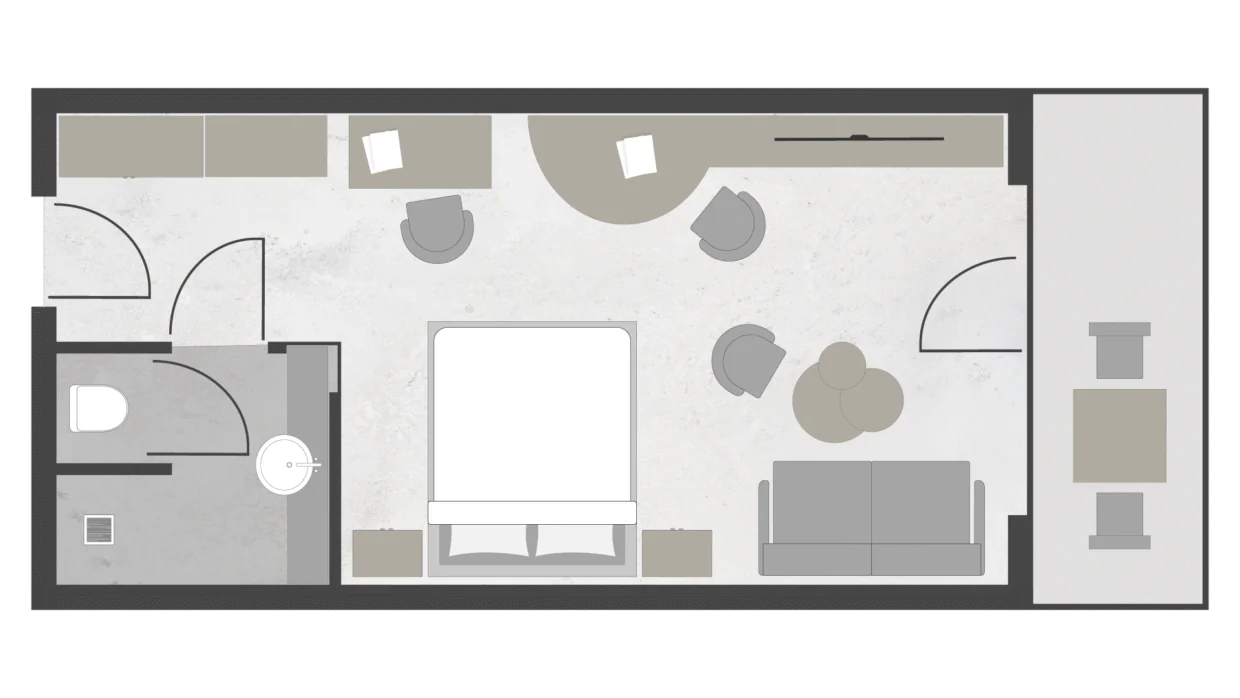 Skizze eines Hotelzimmers mit Bad und Möbeln.