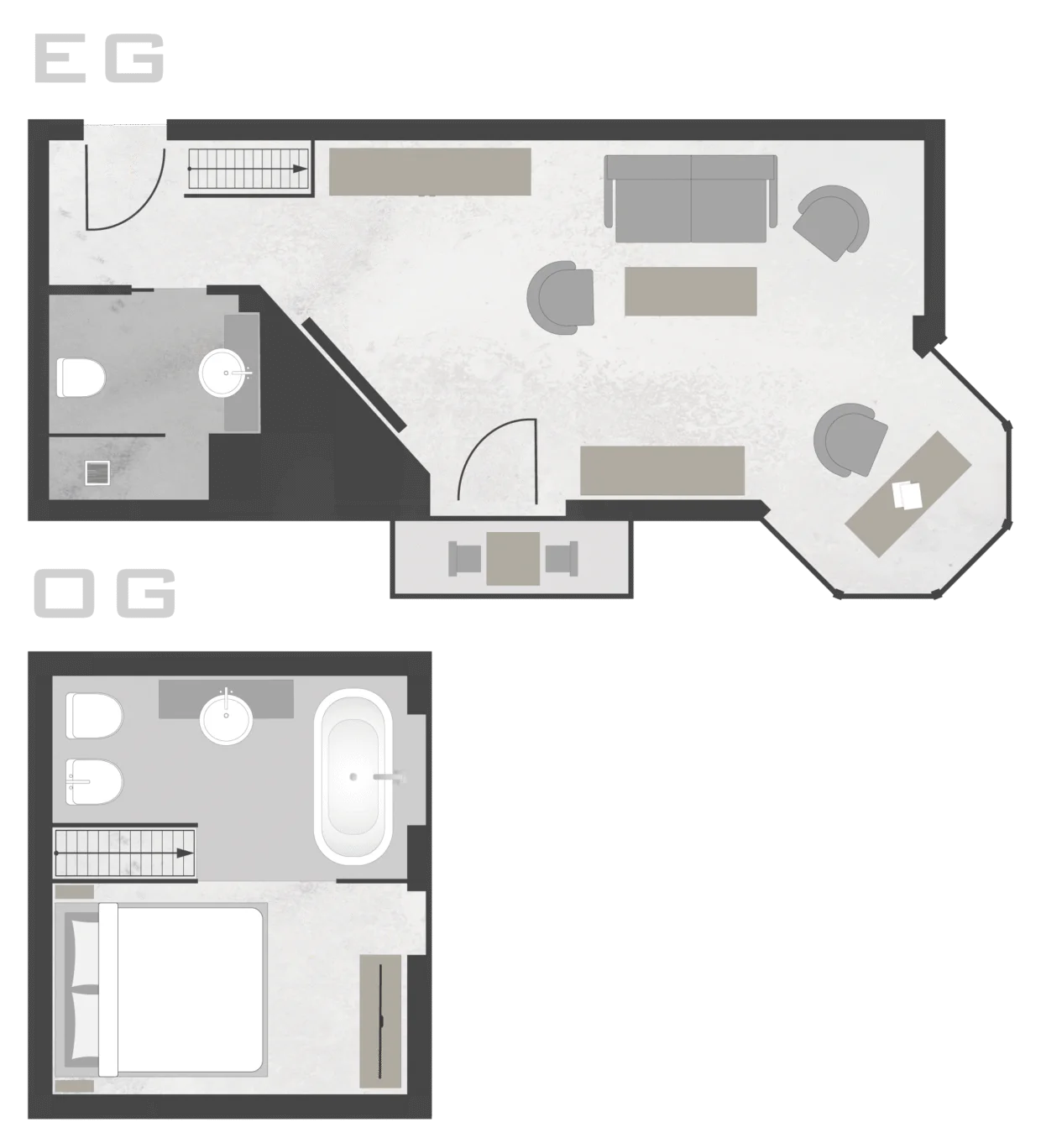 Grundriss eines zweistöckigen Apartments mit Bad und Schlafzimmer.