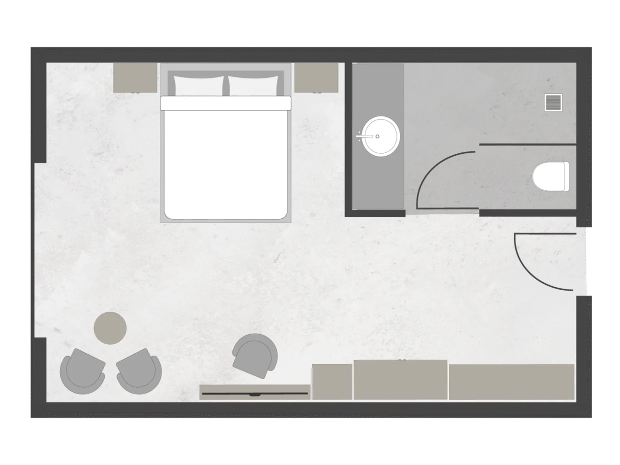 Grundriss eines modernen Hotelzimmers mit Badezimmer