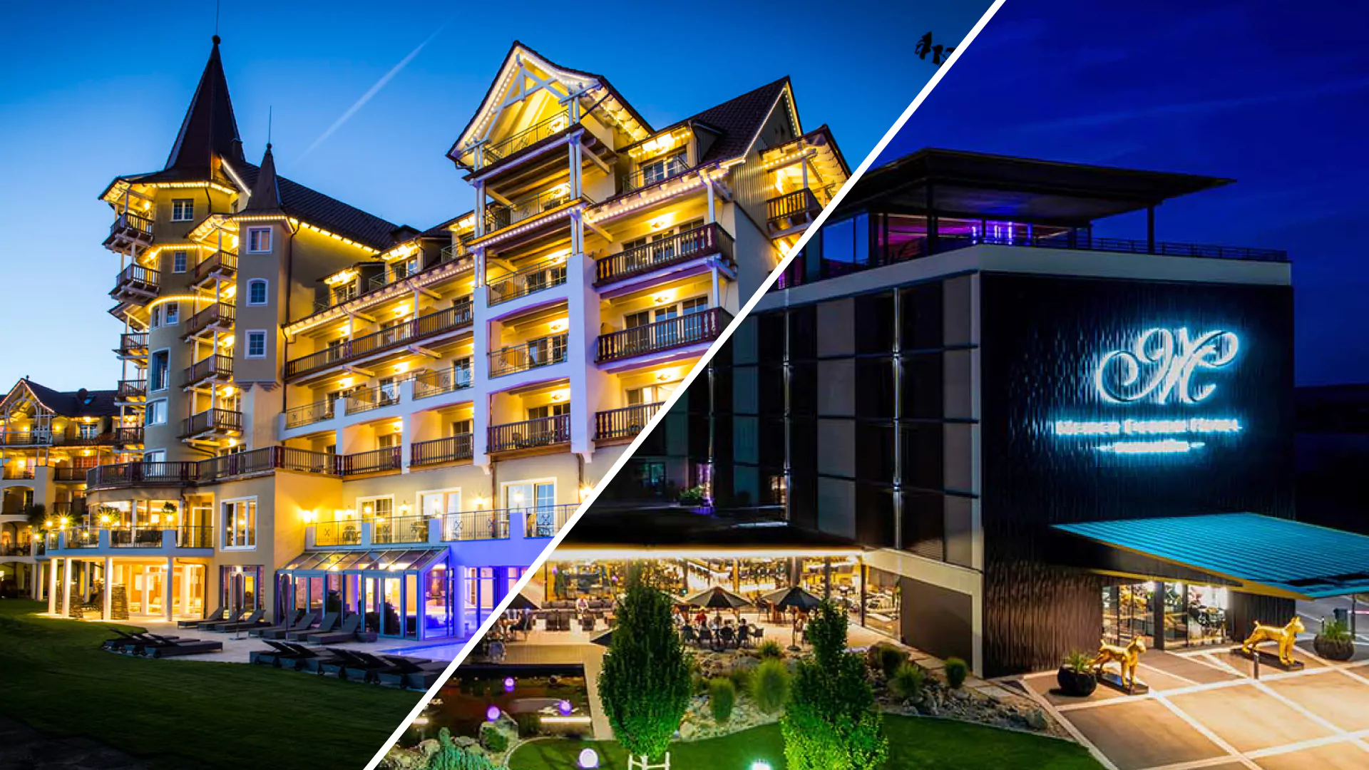 Illuminated buildings of a luxurious hotel at night.
