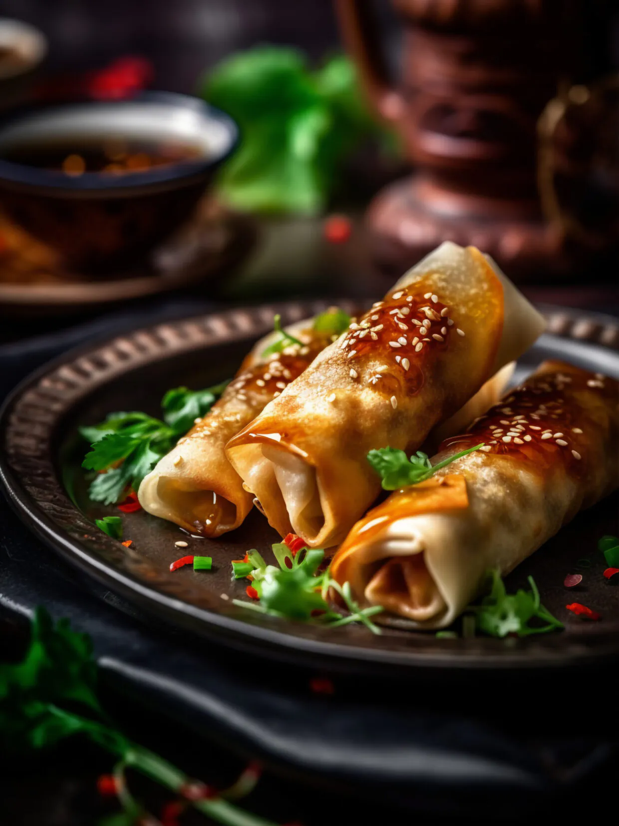 Drei Frühlingsrollen auf einem Teller serviert