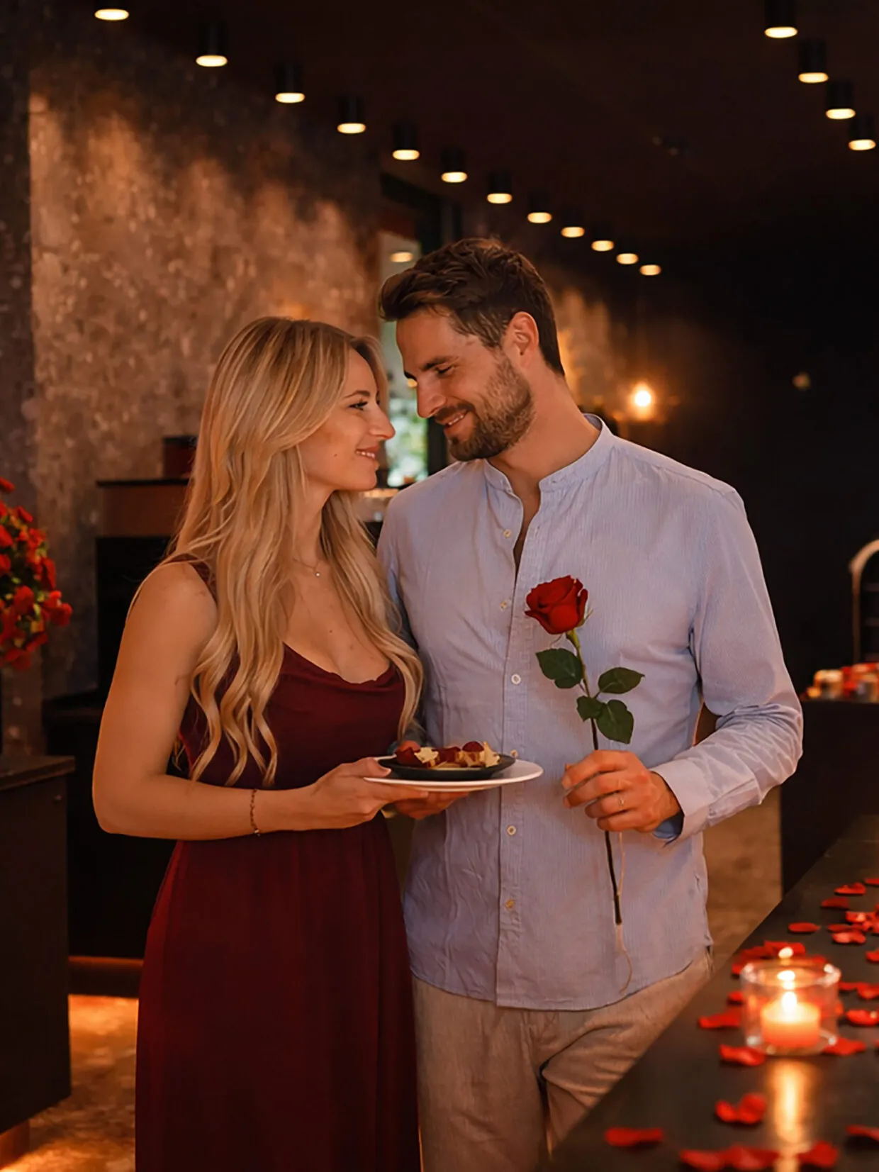 Paar bei romantischem Dinner mit Rose im Kerzenlicht.