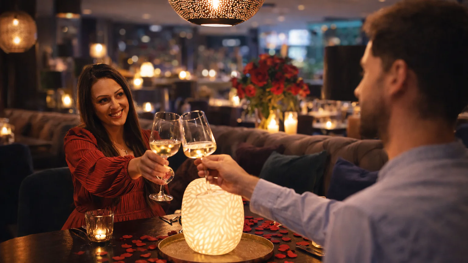 Paar stößt bei romantischem Abendessen an.