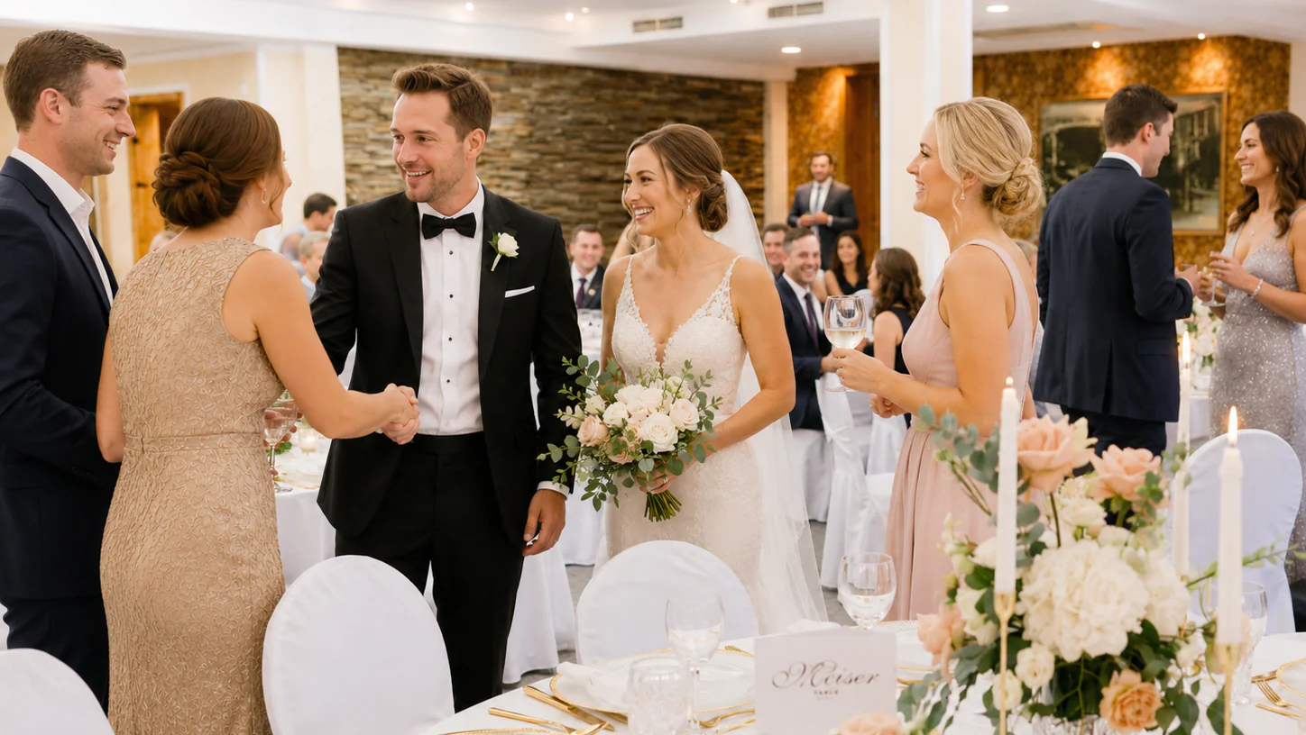 Hochzeitsempfang mit Gästen und Brautpaar