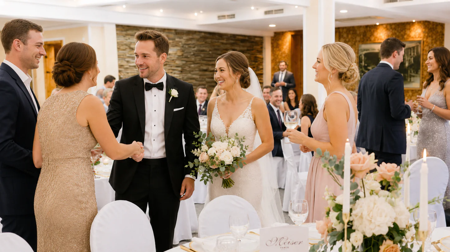 Hochzeitspaar lächelt bei Empfang